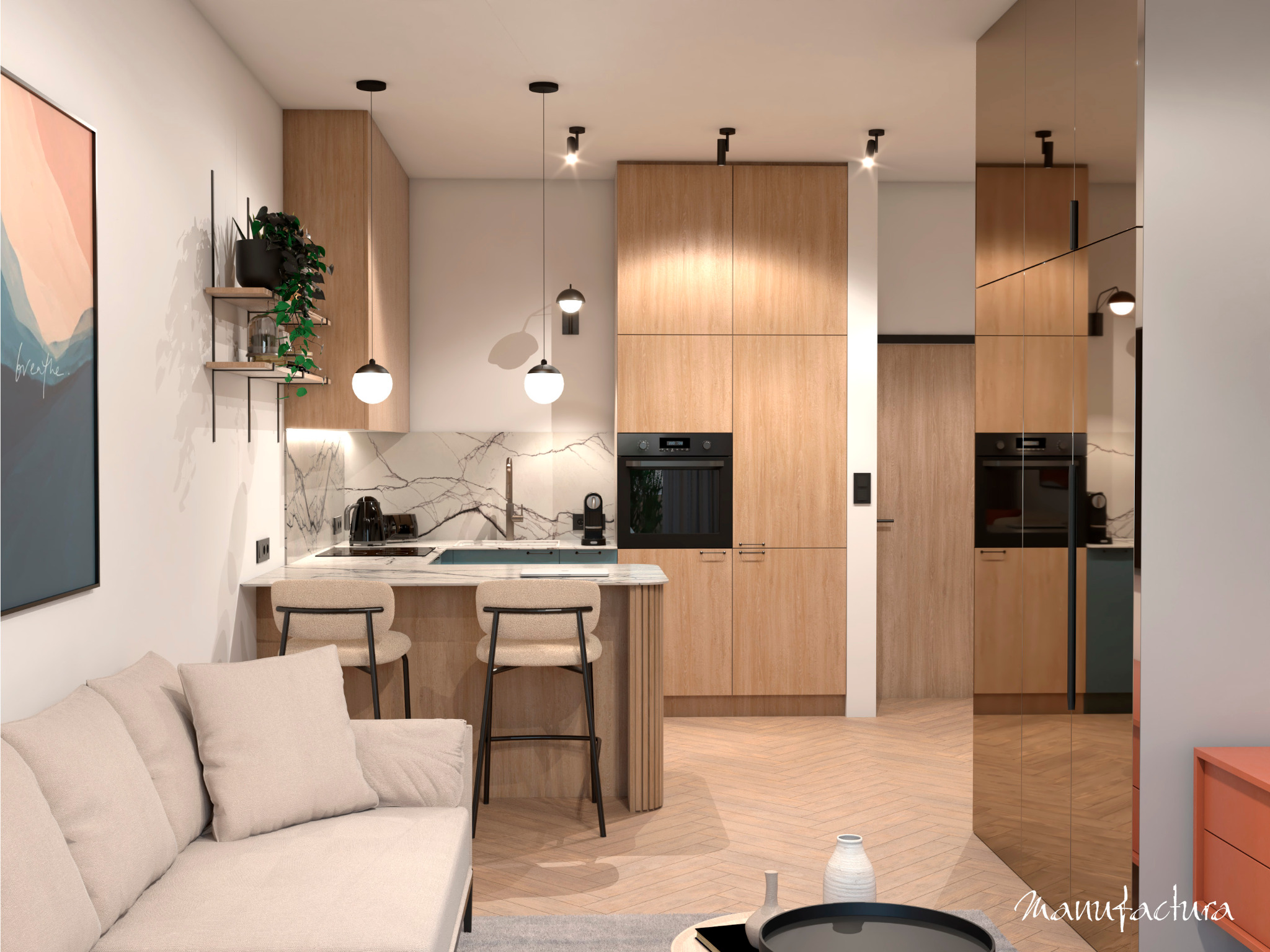 Wizualizacja salonu z aneksem kuchennym w stylu skandynawskim, z drewnianą zabudową, marmurowym blatem, hokerami i jasną sofą, oświetlonym lampami wiszącymi i punktowymi.