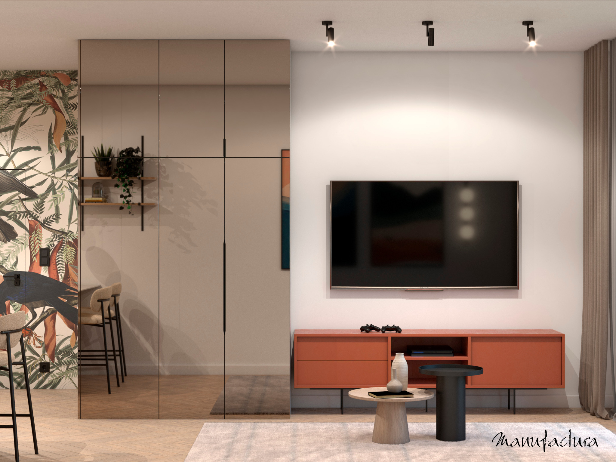 Salon z tapetą w tropikalne ptaki, lustrzaną szafą w zabudowie, pomarańczową szafką RTV i telewizorem, oświetleniem punktowym i stolikami kawowymi na puszystym dywanie.