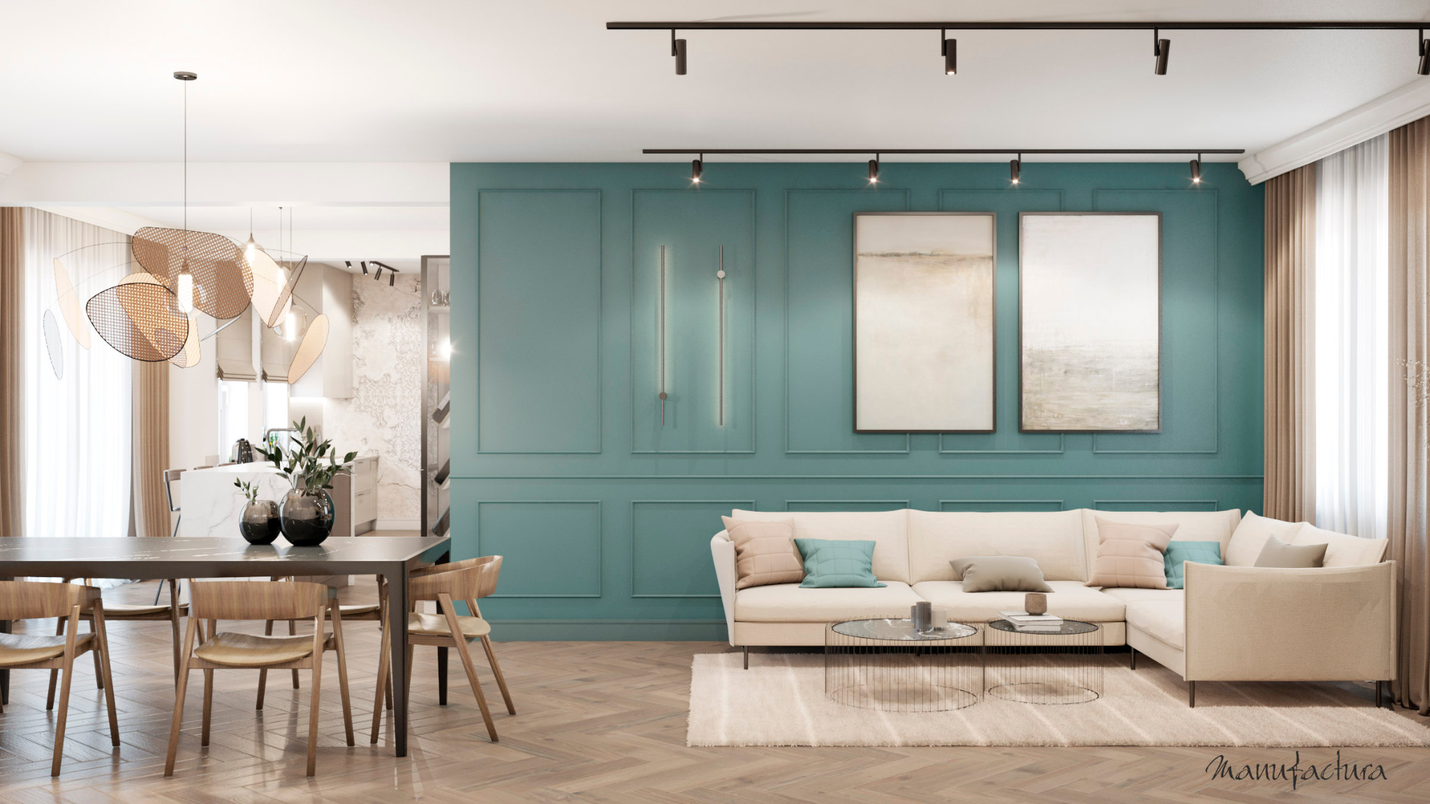 Salon z turkusową ścianą w panelach, kremową sofą narożną, drewnianym parkietem w jodełkę i nowoczesnym oświetleniem.