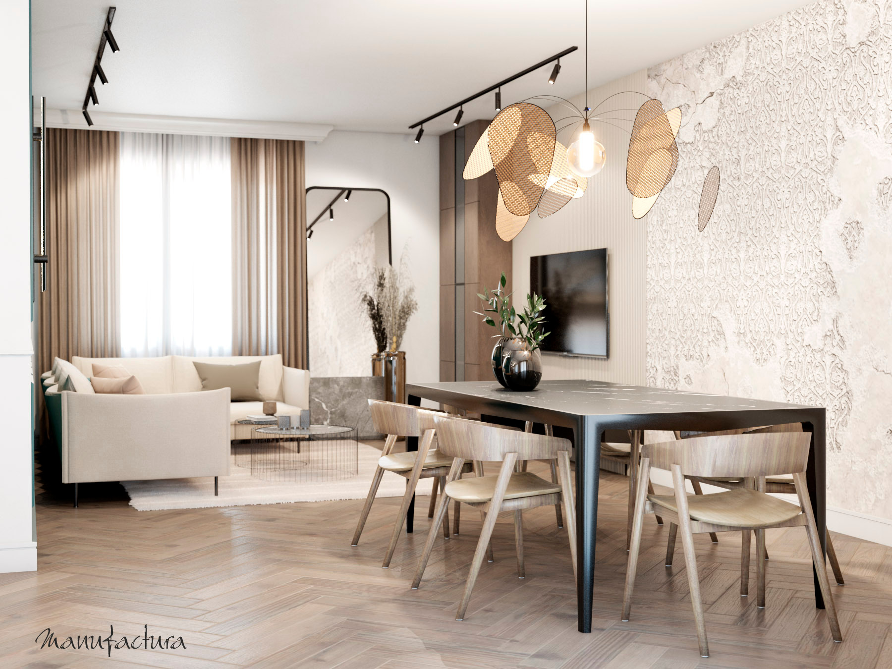 Jasne, przestronne wnętrze jadalni z drewnianą podłogą w jodełkę, dużym stołem z czarnym blatem otoczonym drewnianymi krzesłami, dekoracyjną lampą wiszącą, ścianą o fakturze przypominającej stary...