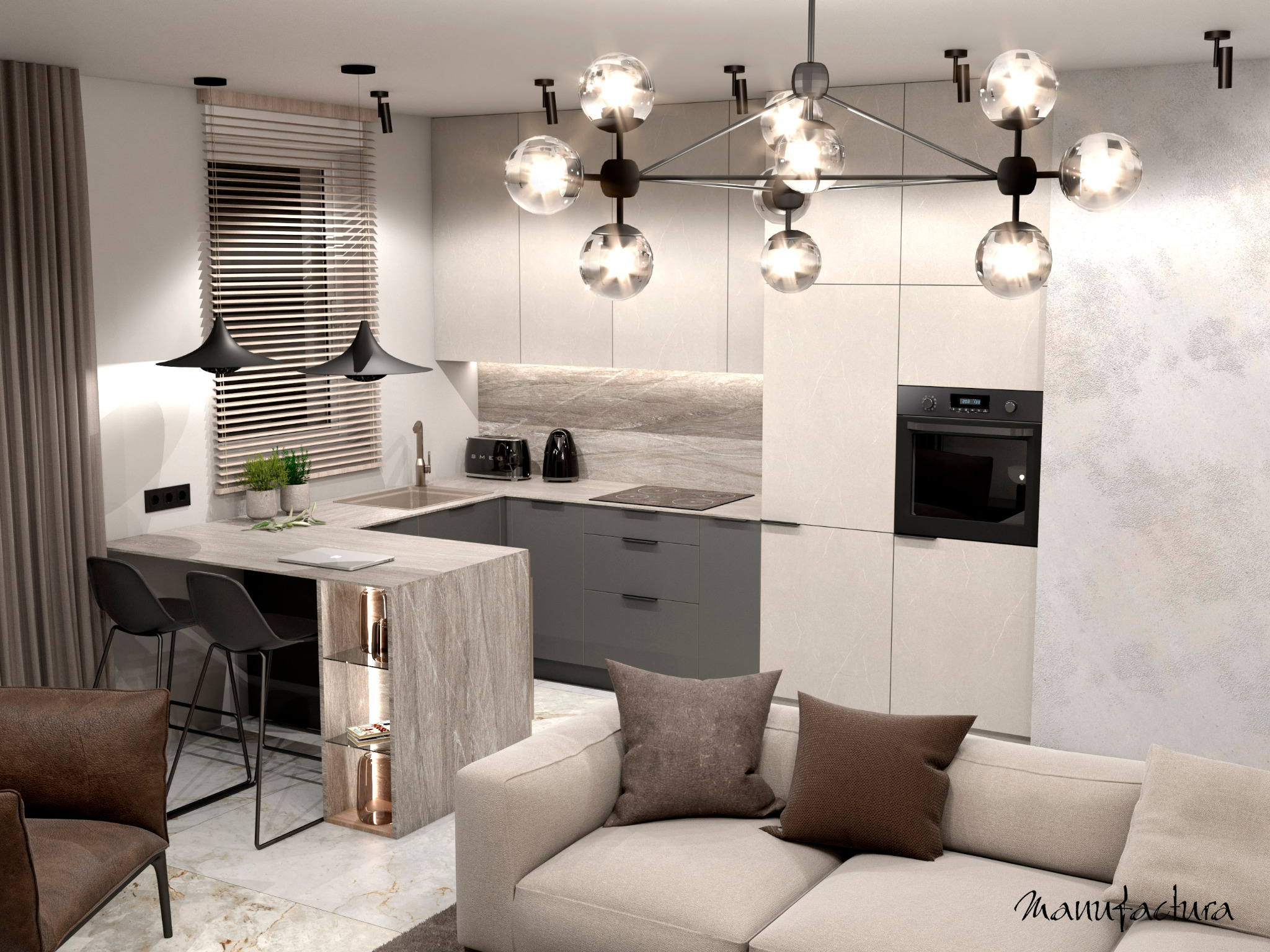 Wizualizacja salonu z aneksem kuchennym: nowoczesne oświetlenie kuliste, szare szafki kuchenne, wyspa z podświetlanymi półkami, beżowa sofa z brązowymi poduszkami, marmurowa podłoga.
