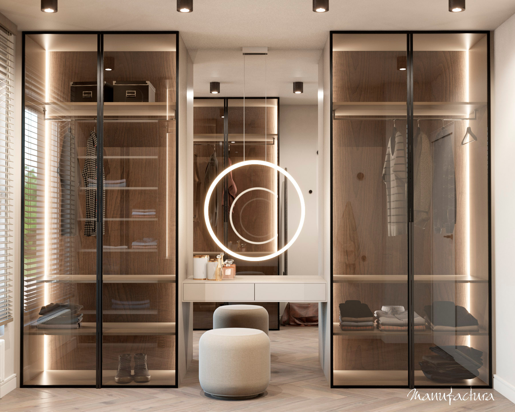 Nowoczesna garderoba z przeszklonymi szafami, oświetleniem LED i toaletką z okrągłym lustrem, uzupełniona pufą na parkiecie w jodełkę.