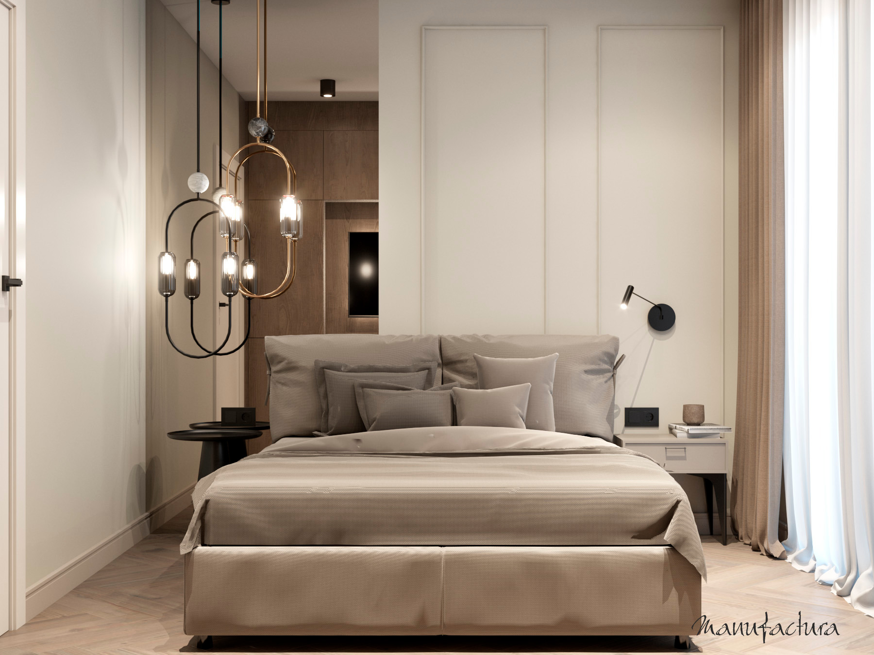 Nowoczesna sypialnia z łóżkiem w odcieniach beżu, designerską lampą wiszącą i minimalistycznym oświetleniem punktowym, drewniana podłoga i panele ścienne.