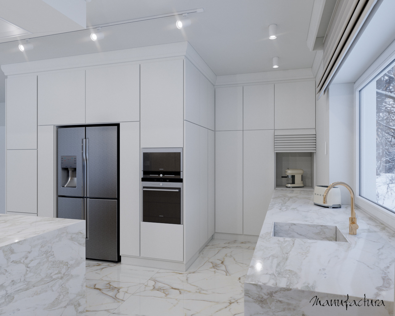 Minimalistyczna kuchnia z białymi szafkami, marmurowym blatem i podłogą, srebrną lodówką side-by-side oraz ukrytą strefą kawową z ekspresem i tosterem.