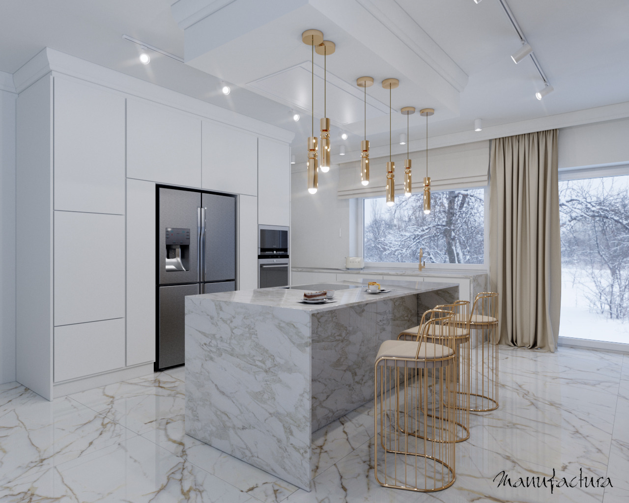 Nowoczesna, minimalistyczna kuchnia w bieli z marmurową wyspą i złotymi hokerami, widok na zimowy krajobraz za oknem.