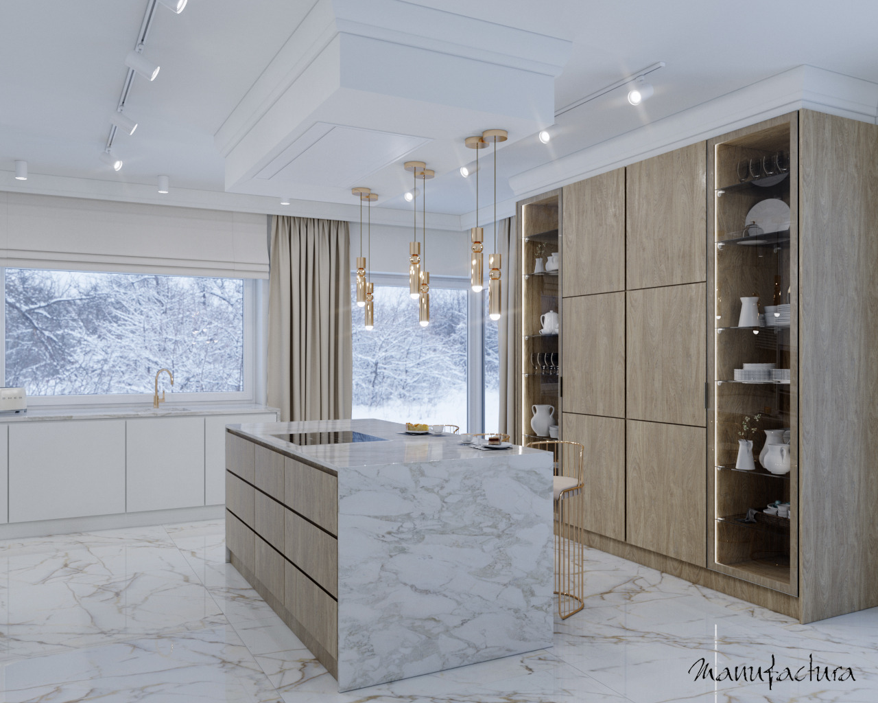 Nowoczesna kuchnia z marmurową wyspą, drewnianymi szafkami i widokiem na zimowy krajobraz za oknem, oświetlona złotymi lampami wiszącymi.