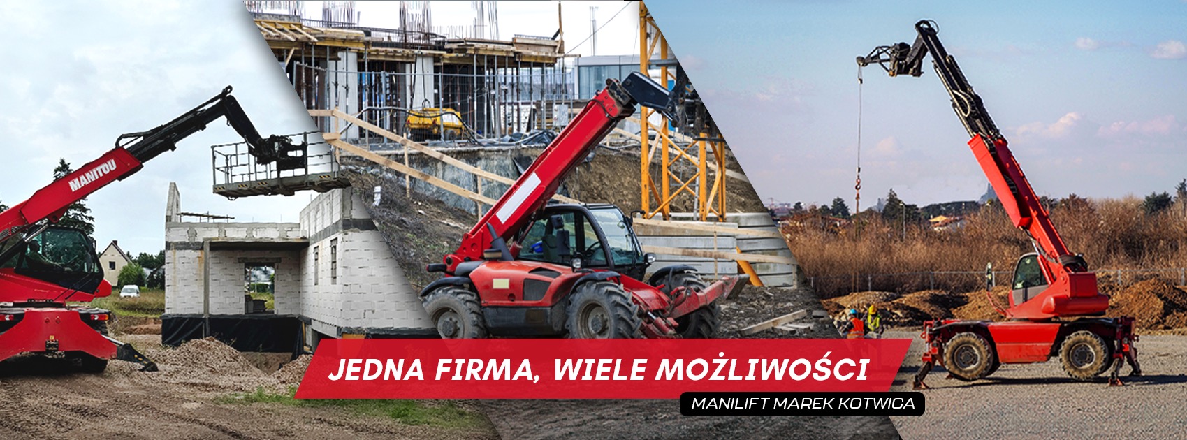 Montaż prefabrykatów z użyciem czerwonego podnośnika teleskopowego Manitou na placu budowy, widoczni pracownicy w odblaskowych kamizelkach, w tle drzewa i zabudowania.