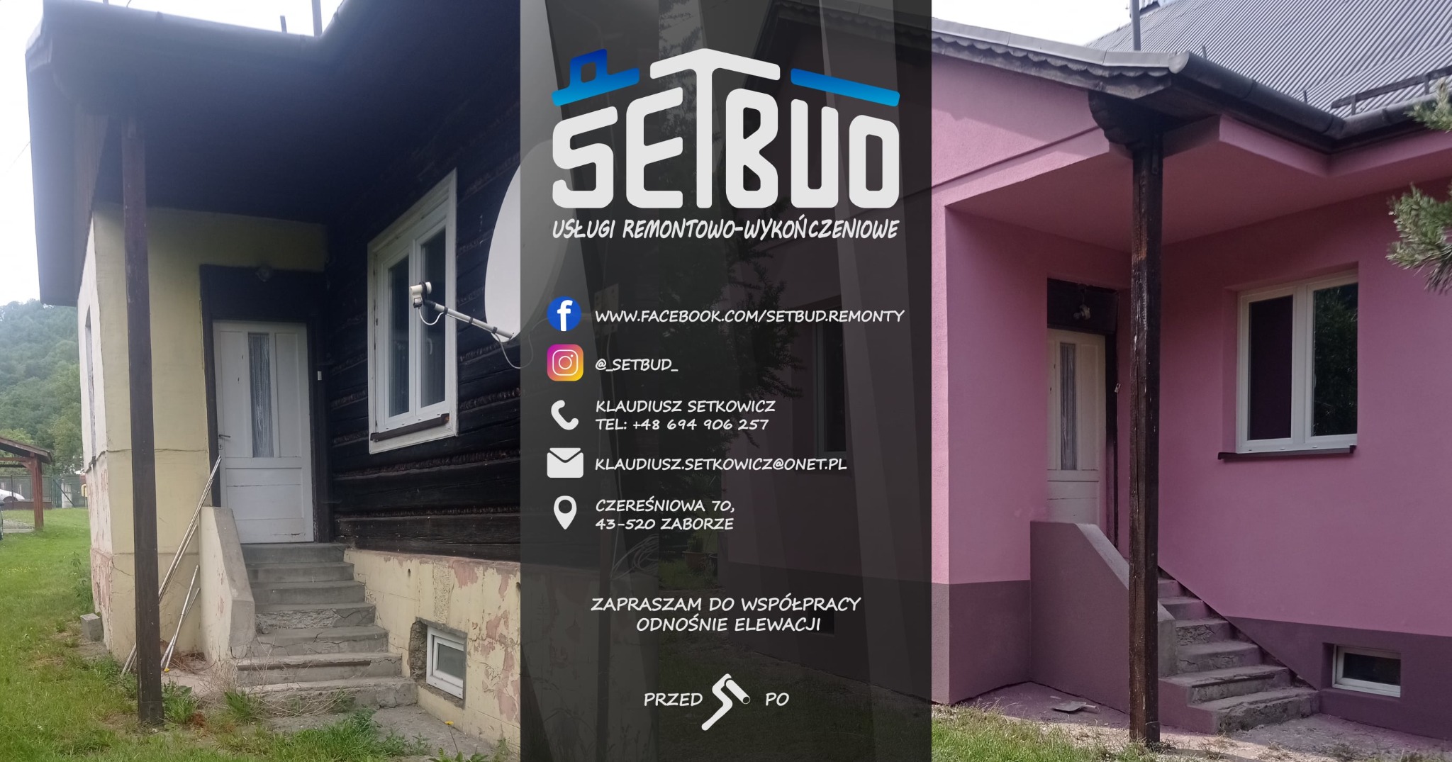 Zdjęcie elewacji domu przed i po remoncie. Po lewej stronie widoczny dom przed remontem, po prawej - po remoncie, w odcieniach różu. Na środku logo firmy remontowej.