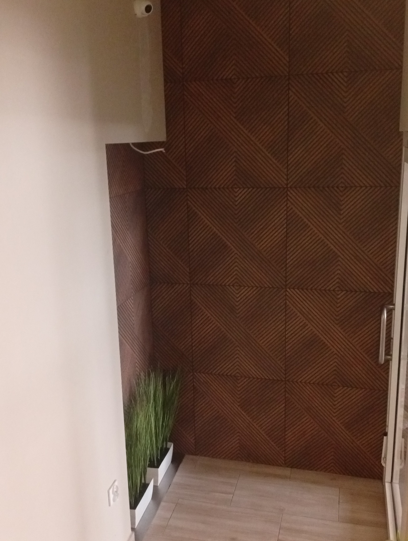 Wnętrze: ściana z dekoracyjnych paneli z geometrycznym wzorem, jasna ściana, dekoracyjne trawy w białych donicach, płytki podłogowe. Widoczny fragment drzwi.