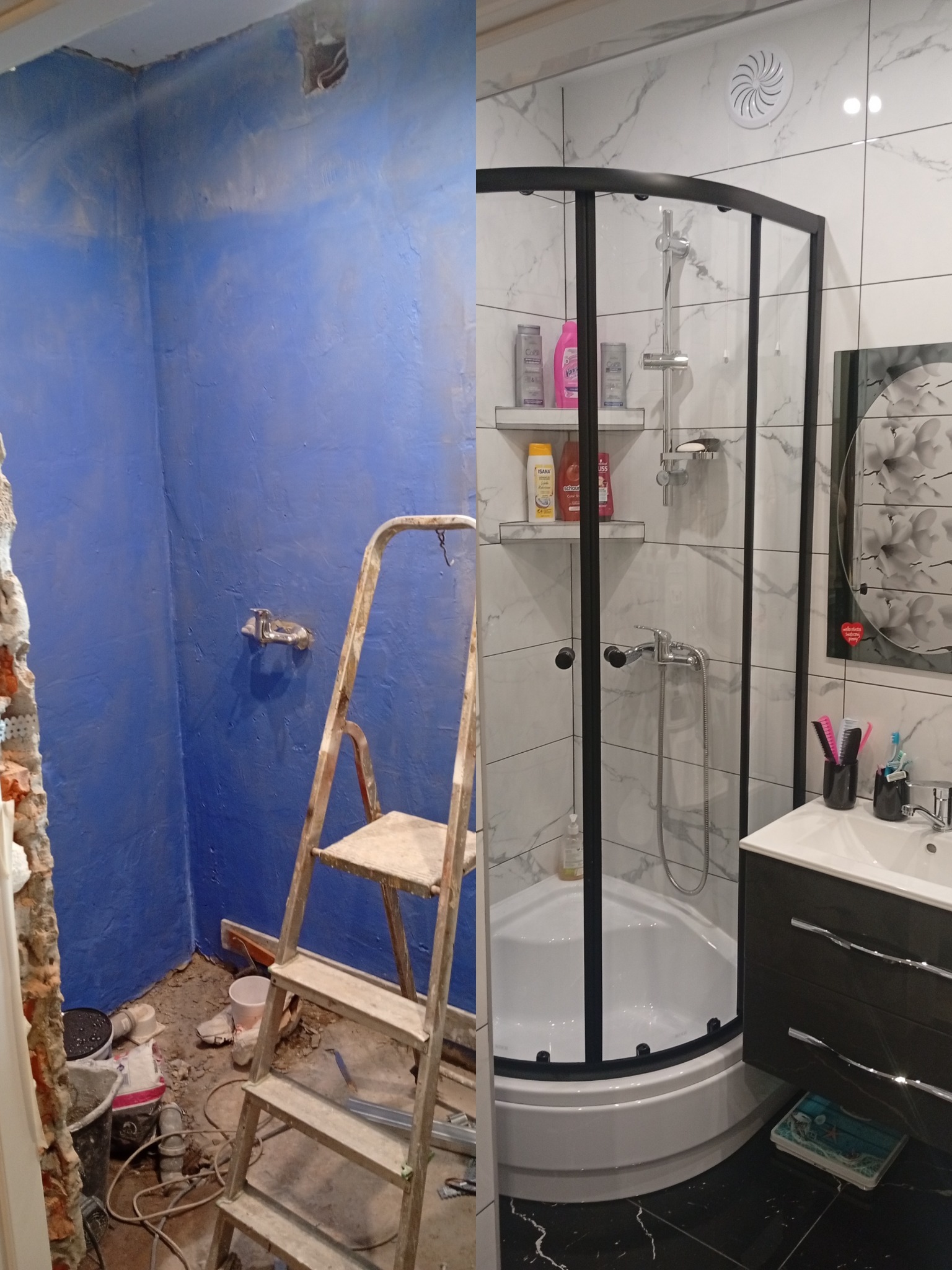 Remont łazienki: widok przed i po. Po lewej surowe ściany i drabina, po prawej kabina prysznicowa, umywalka z szafką i biało-czarne płytki. Kontrastowe ujęcie.