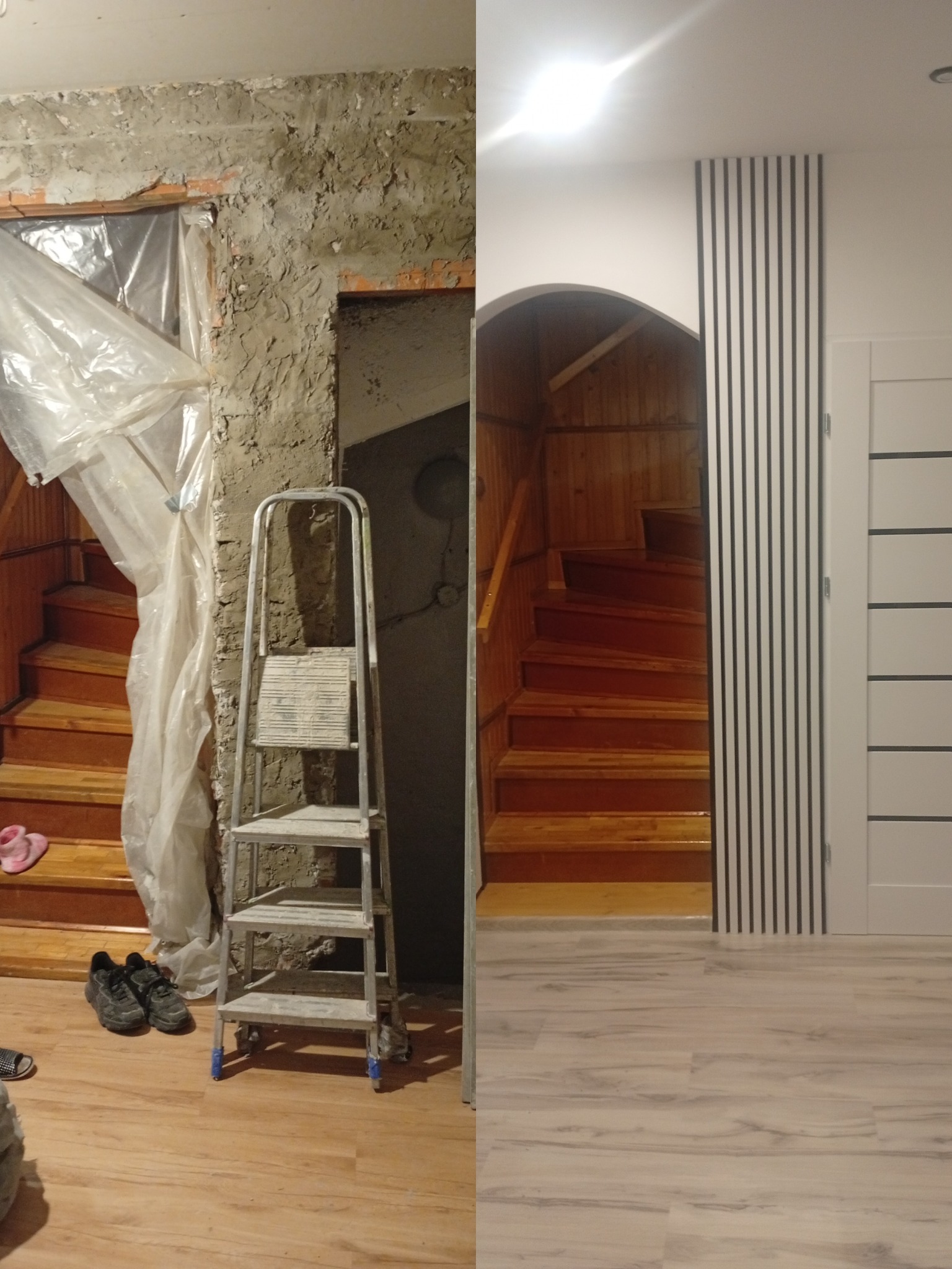 Remont klatki schodowej: widok przed i po. Po lewej surowe ściany, po prawej wykończone z drewnianymi schodami i lamelami na ścianie. Nowe drzwi po prawej stronie.
