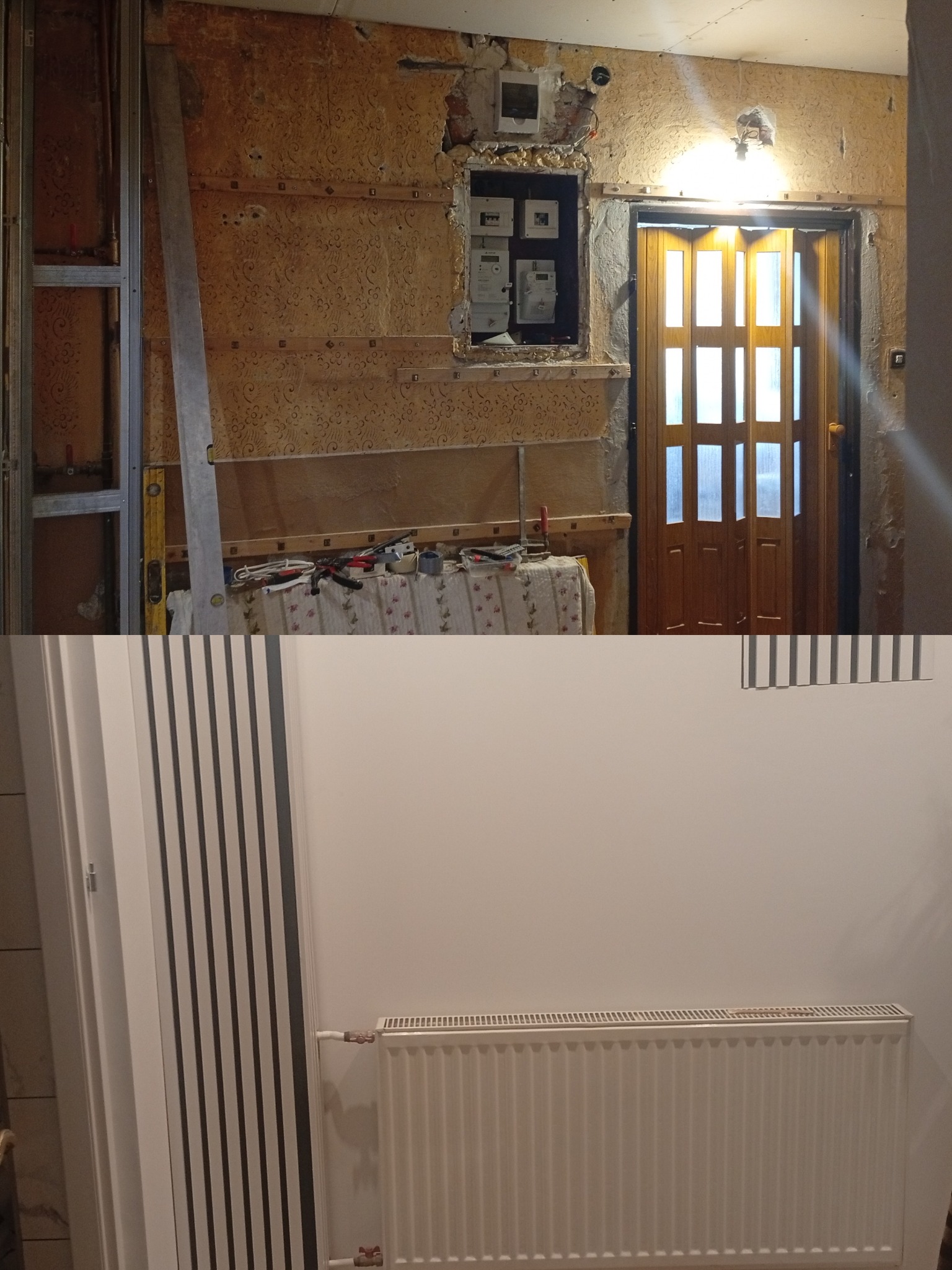 Remont pokoju: widok przed i po. Na górze ściana z tapetą, instalacją elektryczną i metalową konstrukcją. Na dole biała ściana z grzejnikiem i dekoracyjnymi listwami.