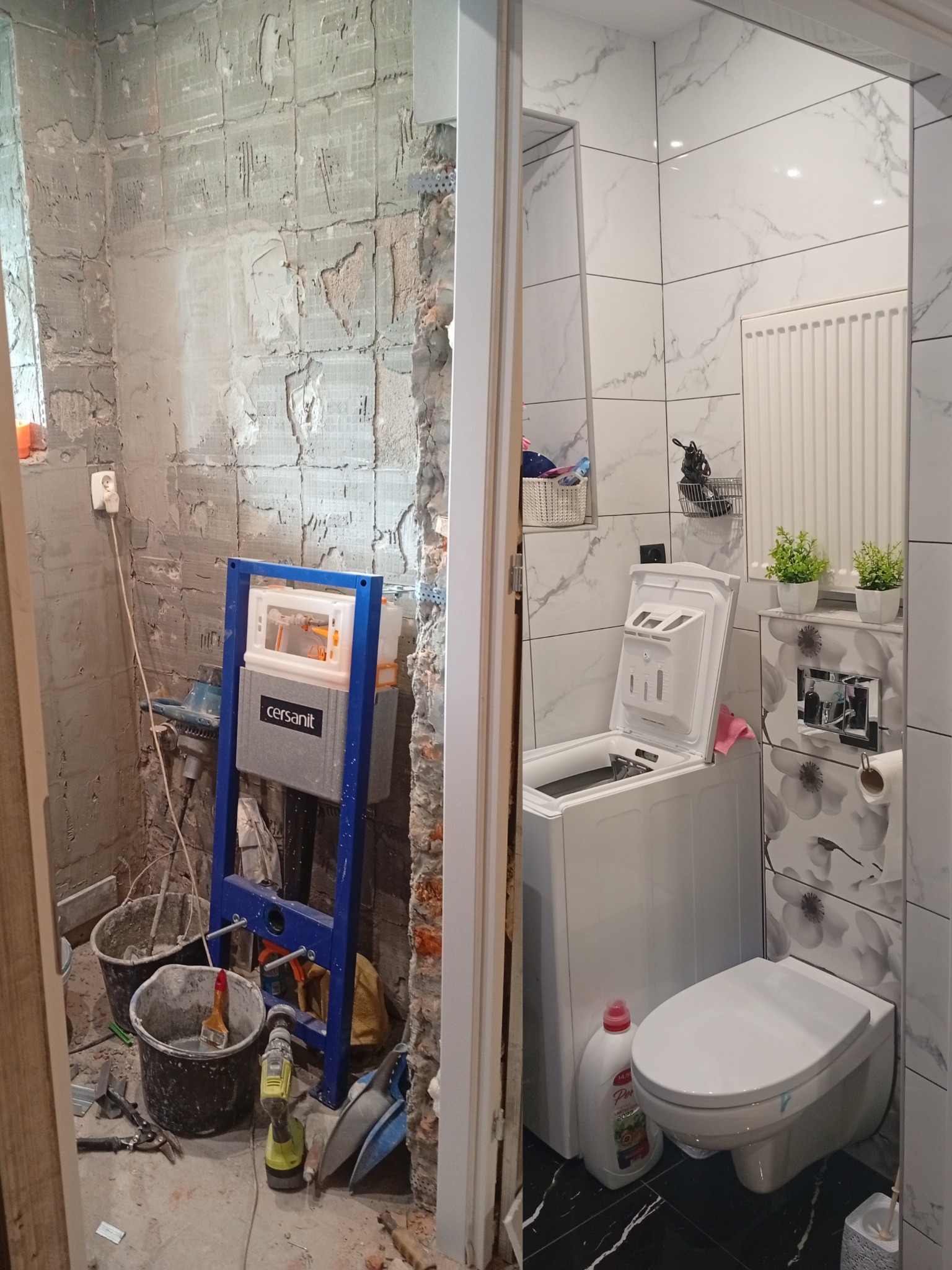 Łazienka przed i po remoncie: surowe ściany z instalacją vs. wykończone płytki marmurowe, toaleta podwieszana, pralka i dekoracje. Kontrast stanu surowego i efektu końcowego.