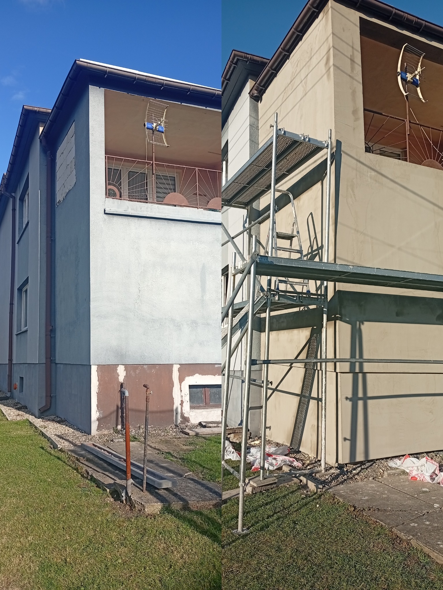 Dom dwukondygnacyjny przed i po ociepleniu. Po prawej rusztowanie, świeży tynk. Po lewej stara elewacja, widoczne ślady napraw. Antena satelitarna na balkonie.