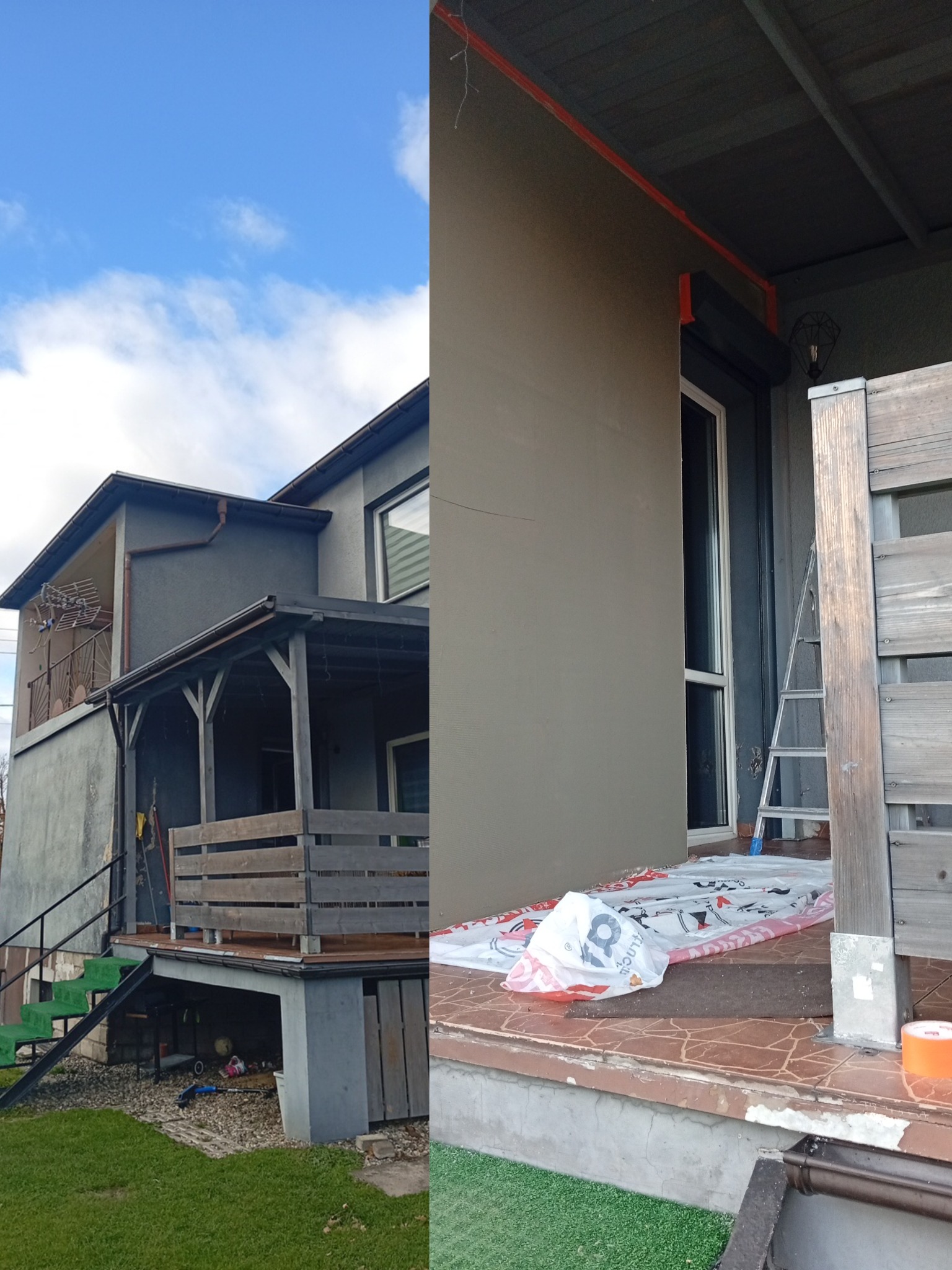 Dwuczęściowe ujęcie domu: odnowiona elewacja z oknem i schodami, oraz fragment z rusztowaniem i zabezpieczeniami, sugerujące trwające prace wykończeniowe.