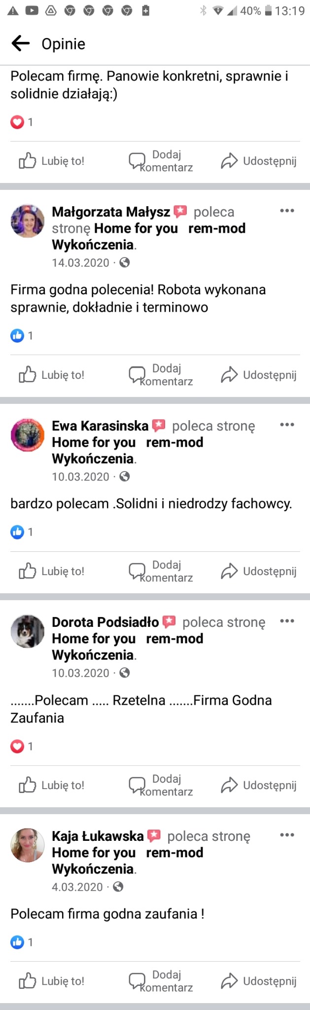 Zrzut ekranu z opiniami na temat firmy remontowej Home for you rem-mod Wykończenia, zawierający pozytywne komentarze od klientów na Facebooku.