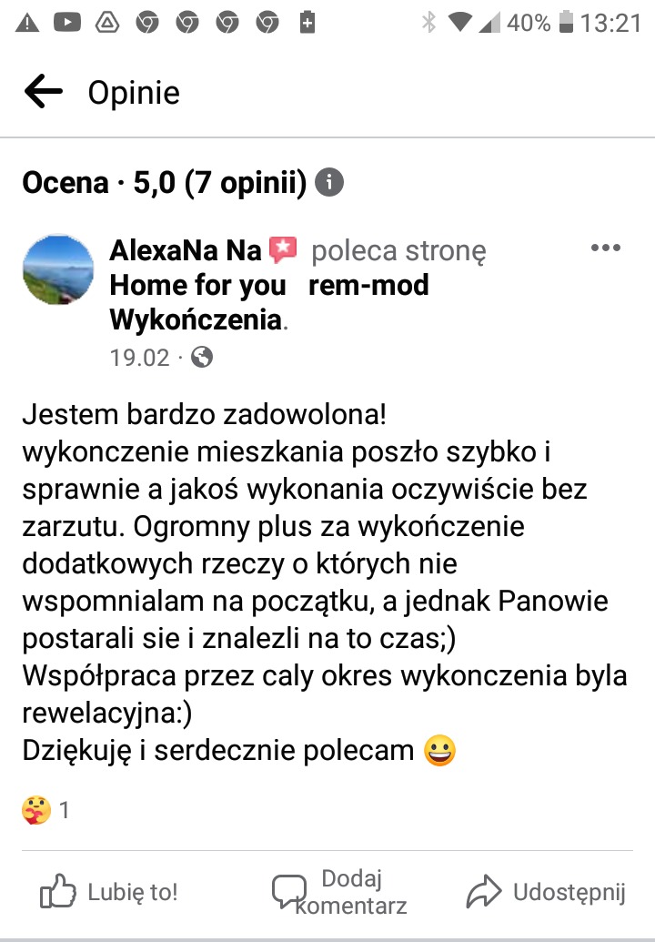 Zrzut ekranu pozytywnej opinii klientki o firmie remontowej, podkreślający szybkie i sprawne wykonanie, brak zarzutów oraz dodatkowe starania. Klientka poleca firmę za wykończenie mieszkania.