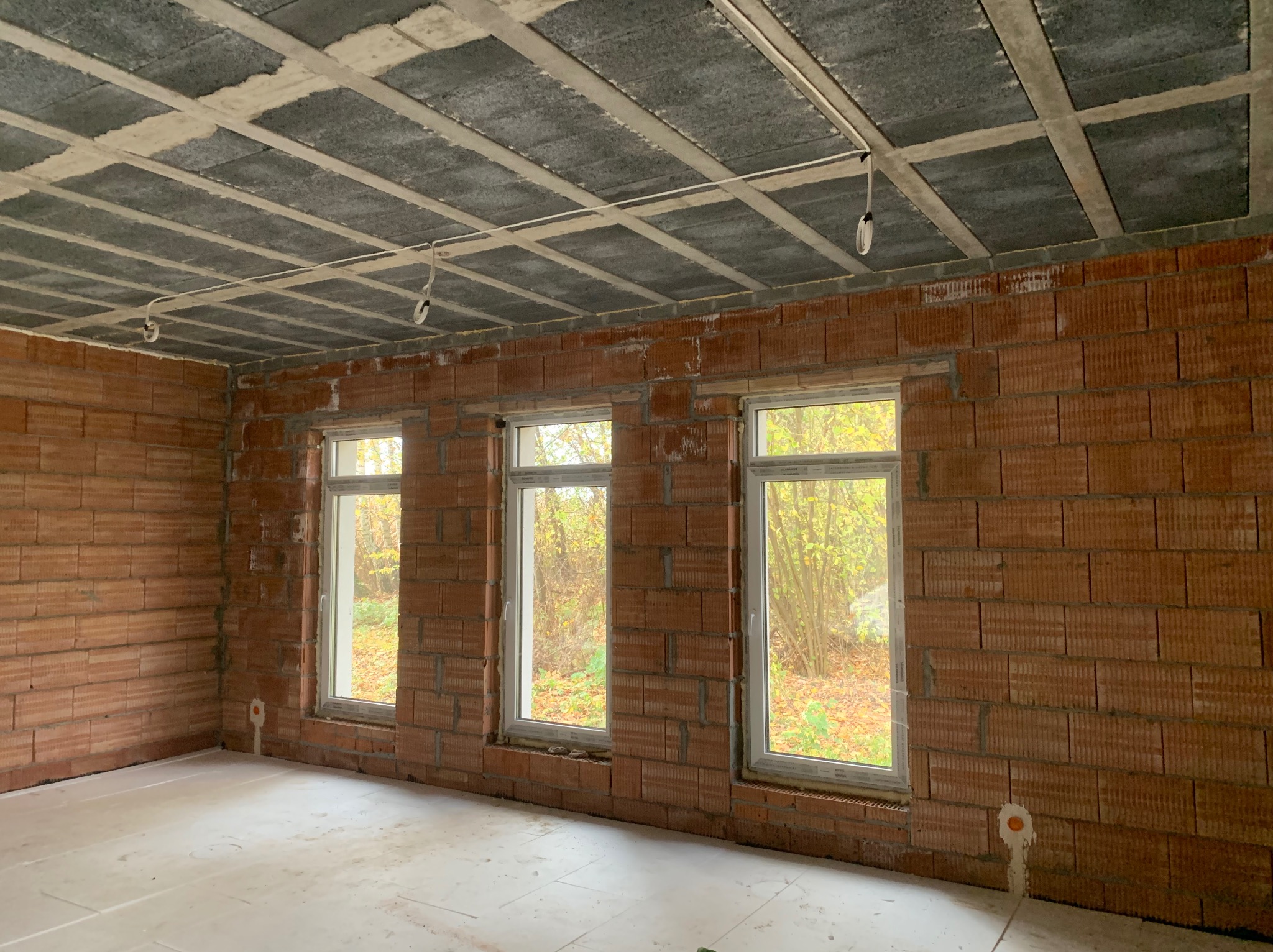 Surowy stan wnętrza domu z ceglanymi ścianami, trzema oknami z widokiem na jesienne drzewa i betonowym stropem z widoczną instalacją elektryczną.