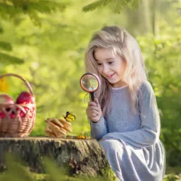 Dziewczynka z blond włosami przygląda się motylowi przez lupę na tle leśnej scenerii, obok koszyk z jabłkami.