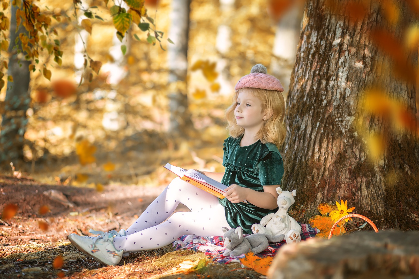Dziewczynka w zielonej sukience i różowym berecie siedzi pod drzewem w jesiennej scenerii, czytając książkę, obok pluszowe zabawki i pomarańczowe liście.