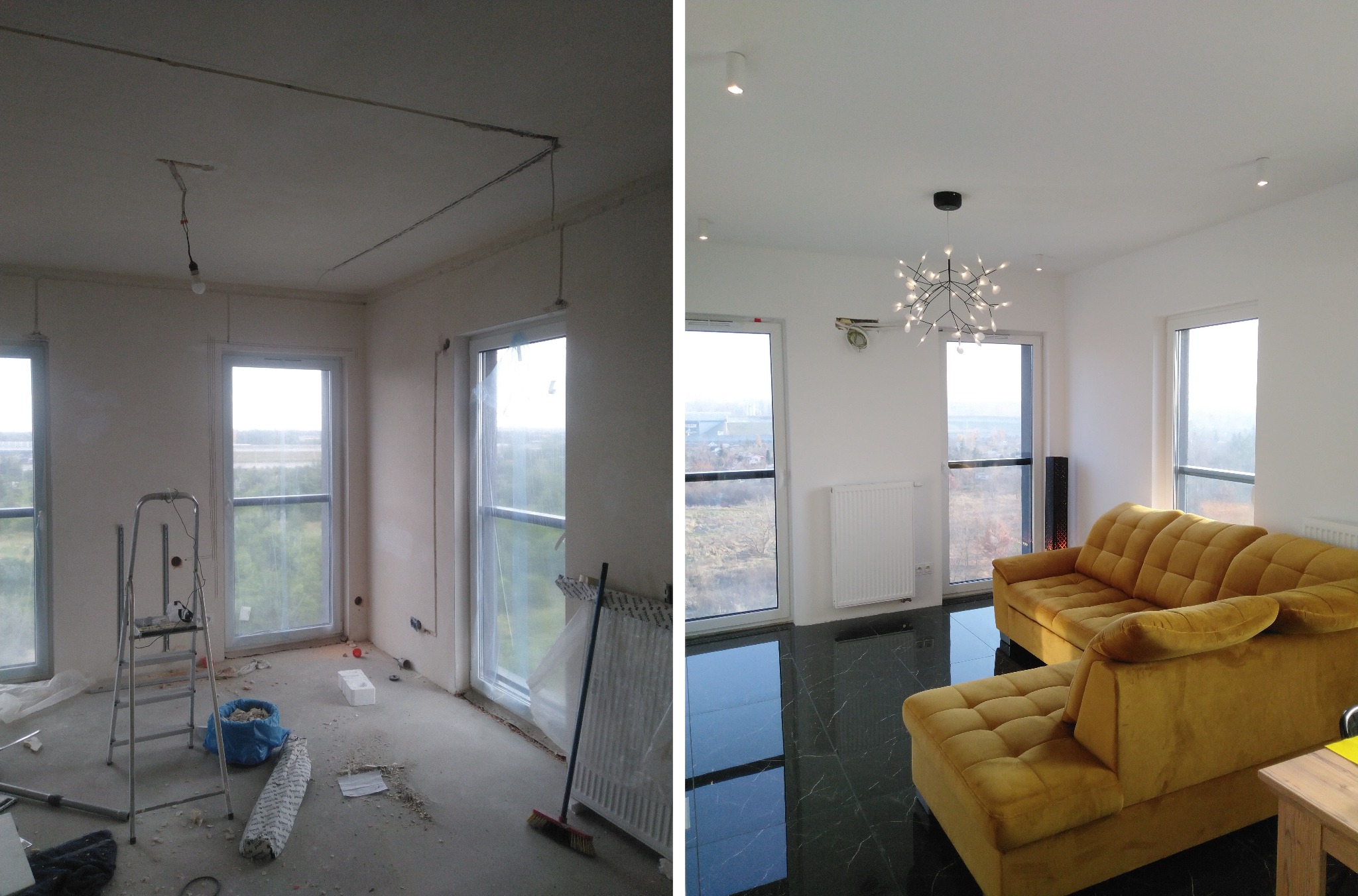 Porównanie stanu surowego i wykończonego pokoju: widoczne kable elektryczne przed montażem oświetlenia i gotowe wnętrze z nowoczesnym żyrandolem, punktowymi lampami oraz stylową sofą na tle okien...