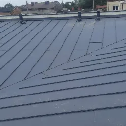 Szary metalowy dach z kominkami wentylacyjnymi na tle zabudowy mieszkalnej i pochmurnego nieba.