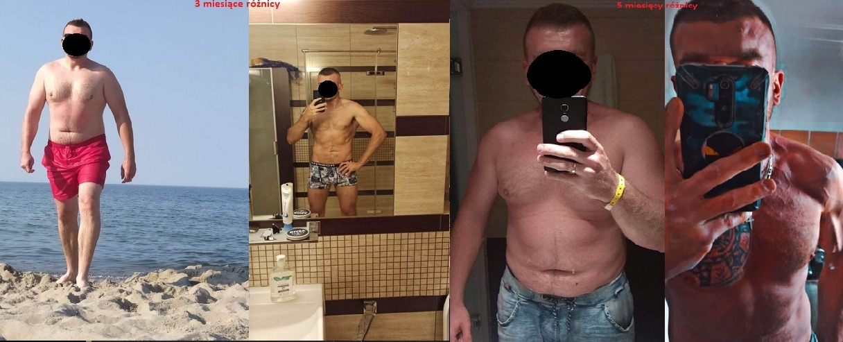 Cztery zdjęcia sylwetki mężczyzny dokumentujące postępy w treningach na przestrzeni kilku miesięcy, od sylwetki z widocznym brzuchem do bardziej umięśnionej.