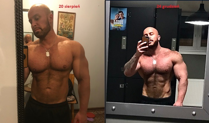 Mężczyzna z brodą i ogoloną głową prezentuje postępy w budowie masy mięśniowej, porównując sylwetkę z 20 sierpnia i 24 grudnia na dwóch selfie w lustrze.
