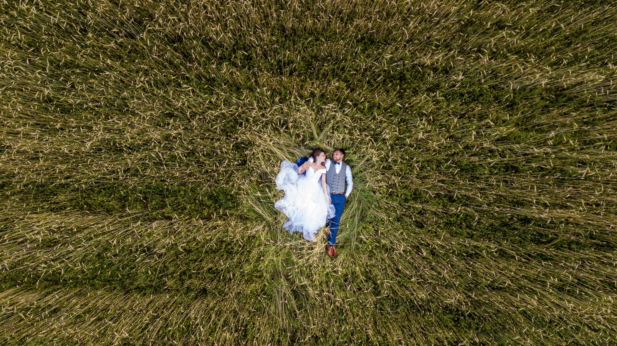 Para młoda leżąca w zbożu, widok z góry. Panna młoda w białej sukni z falbanami, pan młody w niebieskich spodniach i szarej kamizelce. Uśmiechnięci, patrzą na siebie.