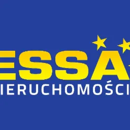 Logo firmy ESSA Nieruchomości na niebieskim tle z żółtymi gwiazdami