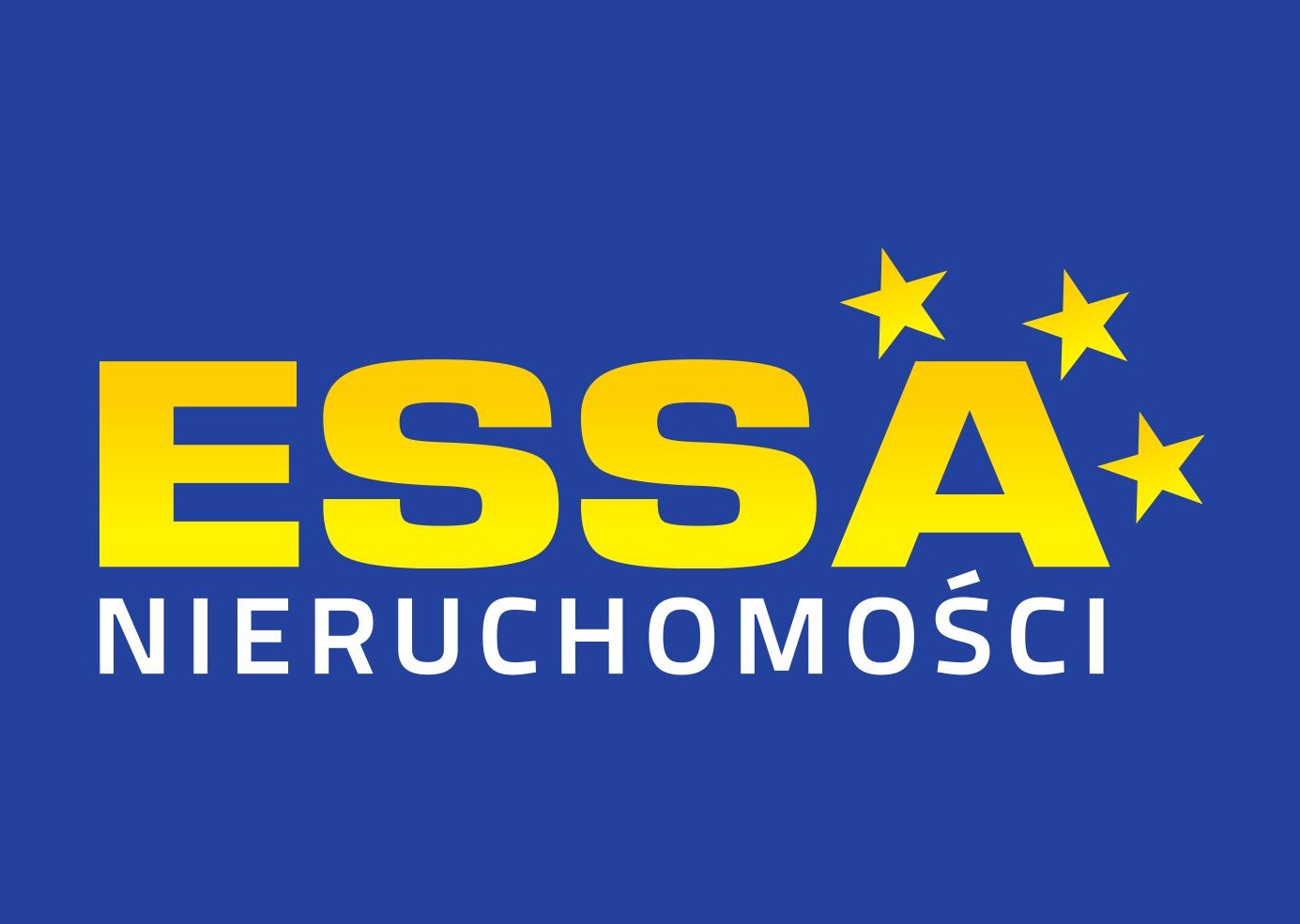 Logo firmy ESSA Nieruchomości na niebieskim tle z żółtymi gwiazdami
