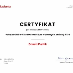 Certyfikat ukończenia szkolenia z zakresu postępowania restrukturyzacyjnego