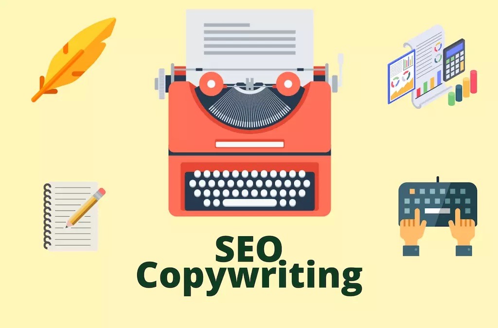 Ilustracja przedstawia elementy związane z tworzeniem treści: pióro, notatnik z ołówkiem, maszynę do pisania, wykresy i kalkulator, klawiaturę z dłońmi, oraz tekst SEO Copywriting.