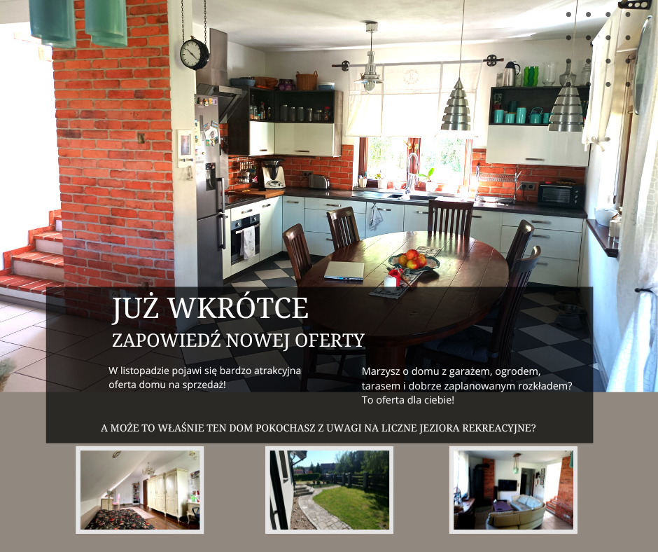 Jasna kuchnia z ceglaną ścianą i okrągłym stołem z owocami, zapowiedź nowej oferty domu.