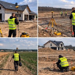 GEODEZJA S.C. Klimasara, Liwora - Cztery kadry z prac pomiarowych: wytyczanie fundamentów, pomiary w terenie otwartym i przy budowie domu. Żółty sprzęt pomiarowy na statywach, pracownik w kamizelce.