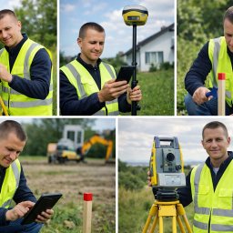GEODEZJA S.C. Klimasara, Liwora - Pracownik w kamizelce mierzy teren za pomocą tachimetru i tabletu. W tle widoczny sprzęt budowlany i domy. Różne etapy pomiarów geodezyjnych.