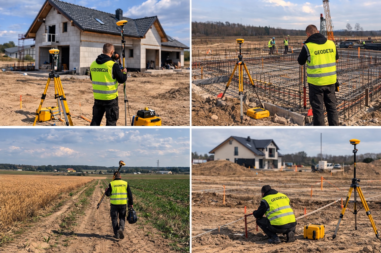 Cztery kadry z prac pomiarowych: wytyczanie fundamentów, pomiary w terenie otwartym i przy budowie domu. Żółty sprzęt pomiarowy na statywach, pracownik w kamizelce.
