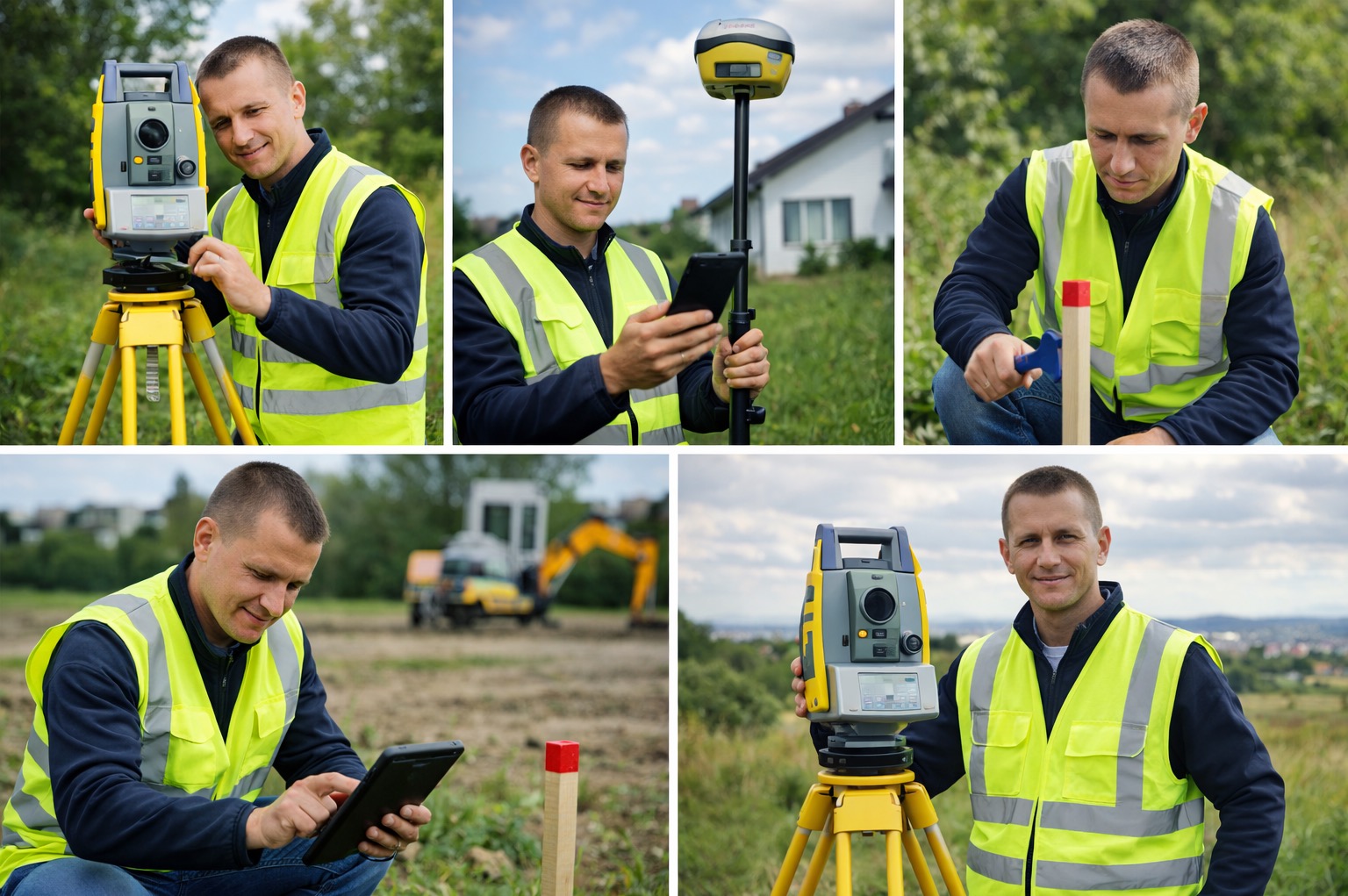 Pracownik w kamizelce mierzy teren za pomocą tachimetru i tabletu. W tle widoczny sprzęt budowlany i domy. Różne etapy pomiarów geodezyjnych.