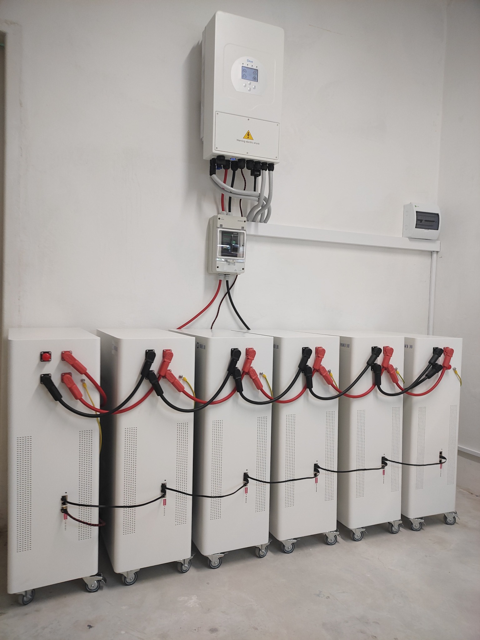 Rząd sześciu białych akumulatorów na kółkach, połączonych kablami, z falownikiem i licznikiem na ścianie w pomieszczeniu.