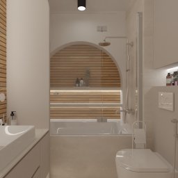 Asilé Privé Design - Nowoczesna łazienka z drewnianymi akcentami: podświetlane lustro, umywalka nablatowa, wanna za przeszkloną ścianą z drewnianymi listwami, minimalistyczna toaleta i bidetka.