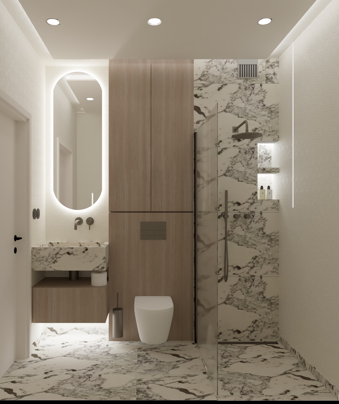 Wizualizacja nowoczesnej łazienki z marmurowymi płytkami, podświetlanym lustrem owalnym, drewnianą zabudową nad toaletą i kabiną prysznicową typu walk-in z deszczownicą.