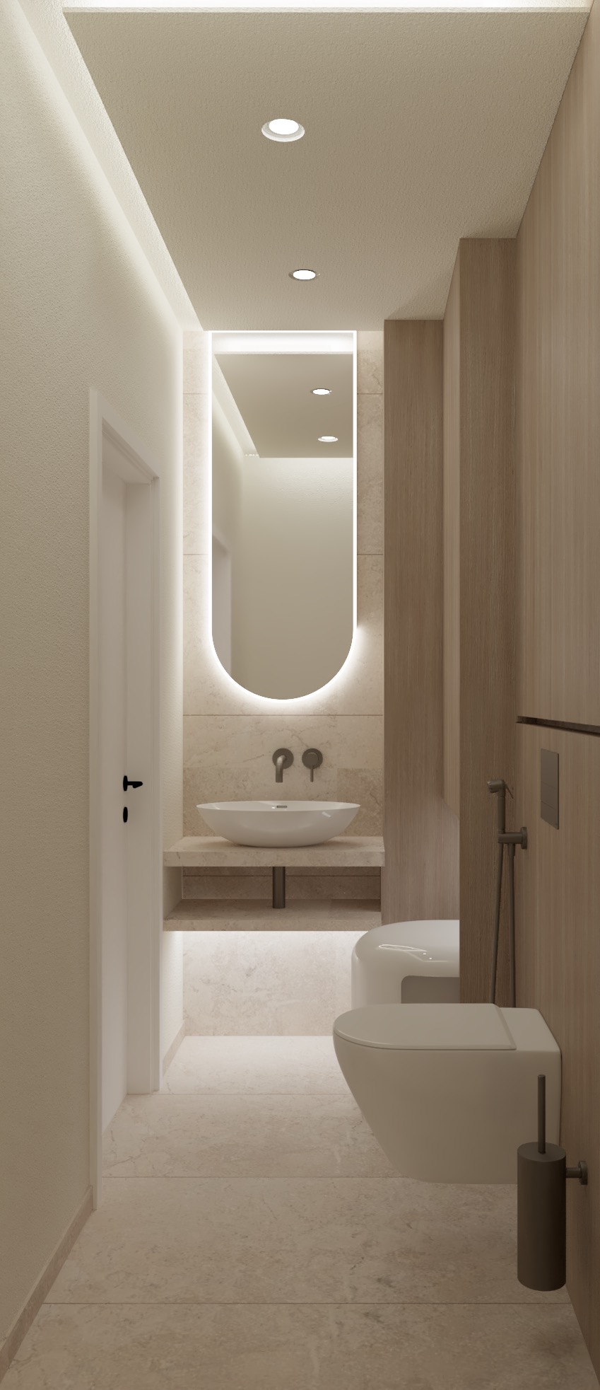 Minimalistyczna łazienka w odcieniach beżu z podświetlanym lustrem, wiszącą umywalką i toaletą podwieszaną z bidetką.