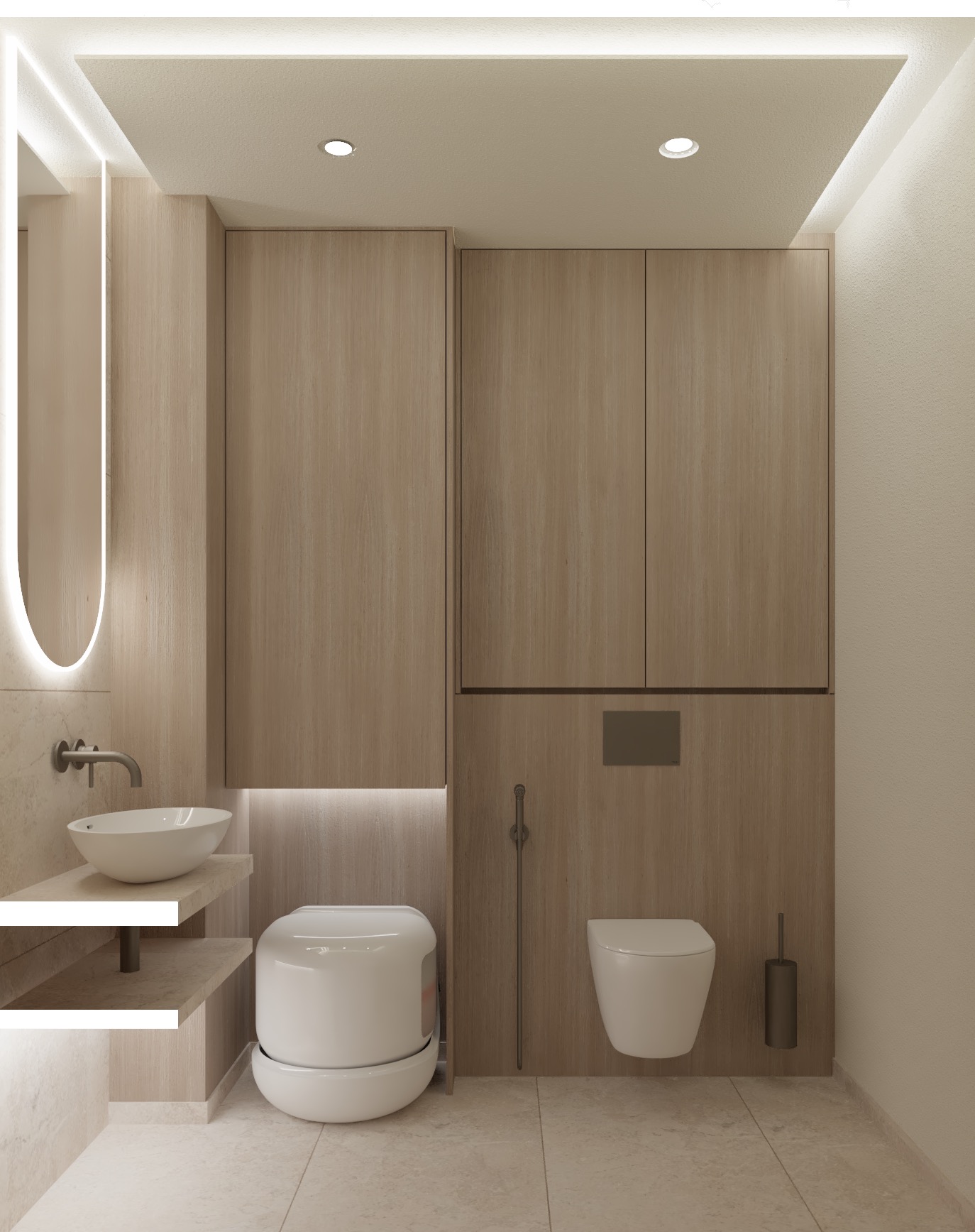 Minimalistyczna łazienka z drewnianymi szafkami, podświetlanym lustrem i wiszącą toaletą z bidetką.
