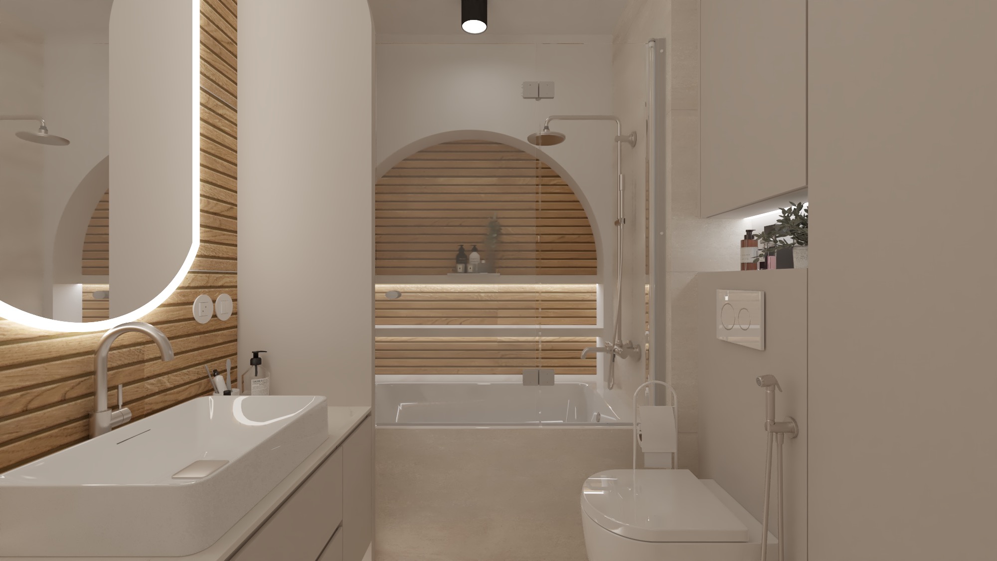 Nowoczesna łazienka z drewnianymi akcentami: podświetlane lustro, umywalka nablatowa, wanna za przeszkloną ścianą z drewnianymi listwami, minimalistyczna toaleta i bidetka.