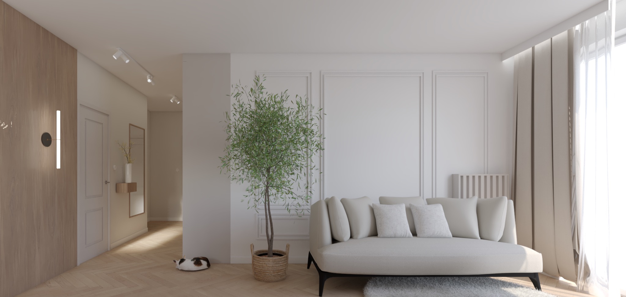 Jasne wnętrze z kanapą, rośliną w plecionym koszu i śpiącym kotem na parkiecie w jodełkę; dekoracyjne panele ścienne, oświetlenie punktowe i minimalistyczna konsola w przedpokoju w tle.