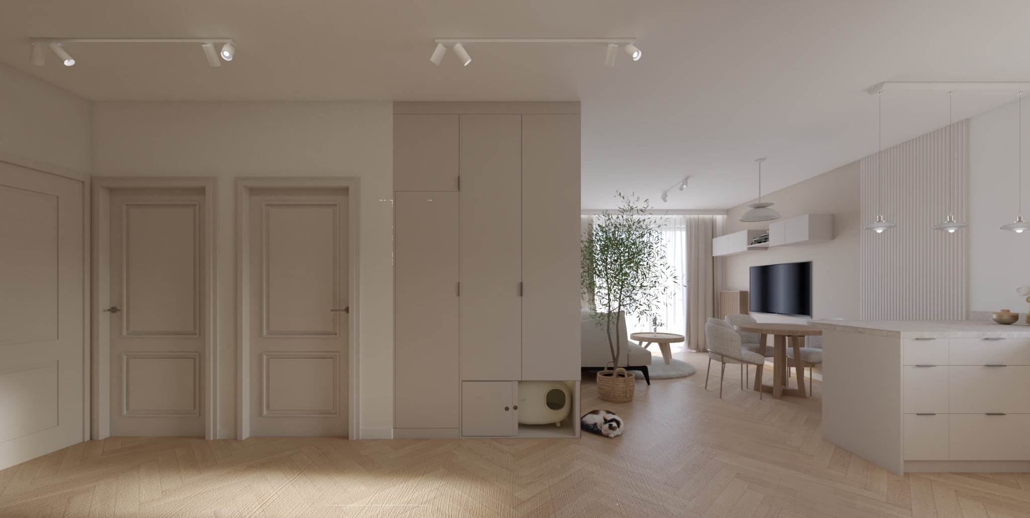 Jasne, przestronne wnętrze mieszkania z parkietem w jodełkę, beżowymi drzwiami i szafą z ukrytą kuwetą dla kota, widok na salon z telewizorem i jadalnię z wyspą kuchenną.