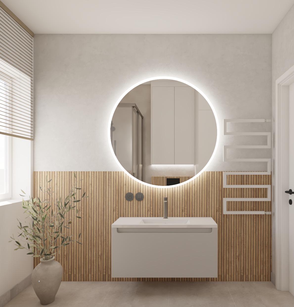 Nowoczesna łazienka z okrągłym lustrem podświetlanym LED, drewnianą boazerią pionową, białą szafką umywalkową i grzejnikiem drabinkowym. W lustrze odbicie kabiny prysznicowej.