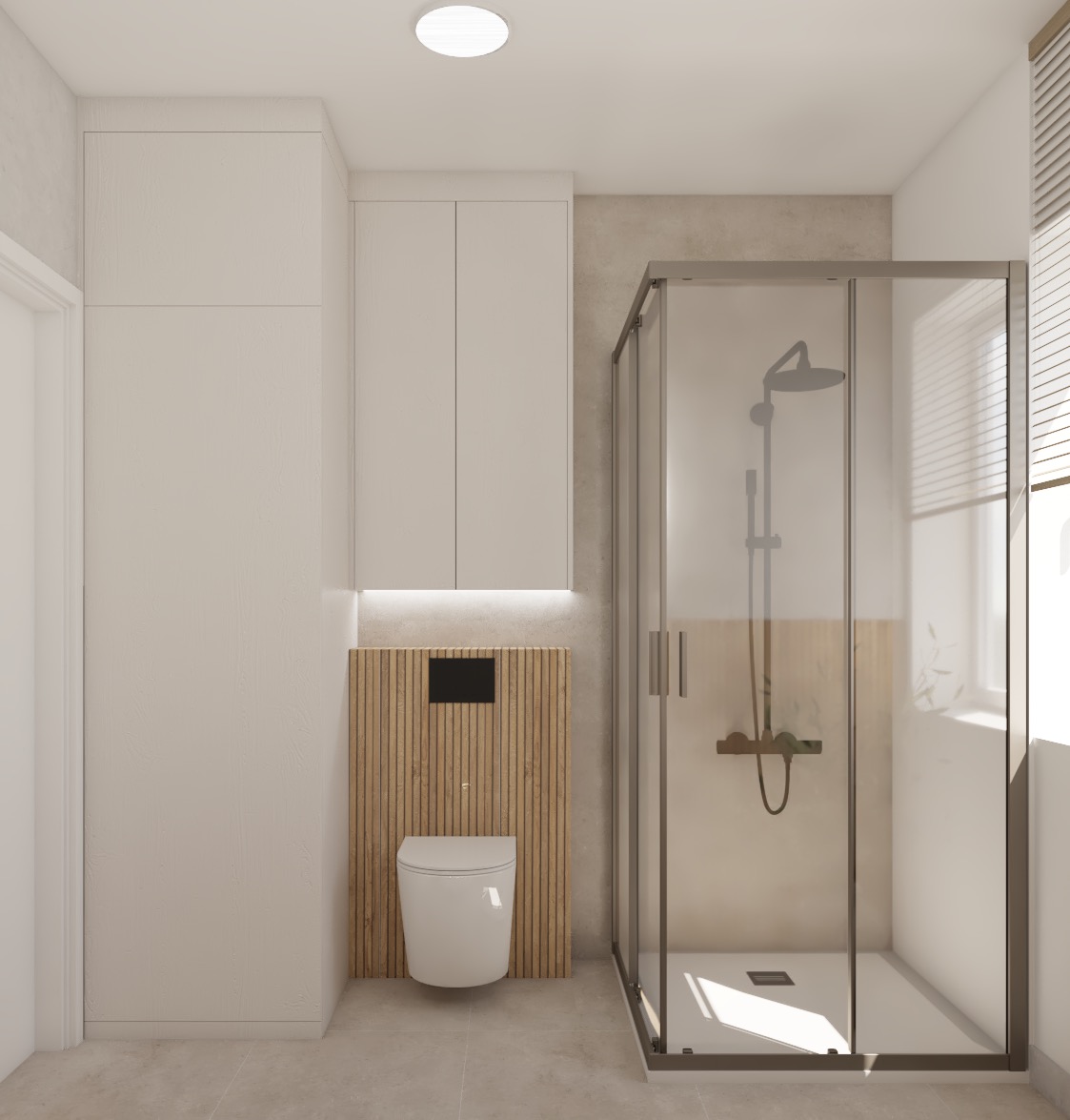 Nowoczesna łazienka z podwieszaną toaletą na tle drewnianej boazerii z czarnym panelem sterującym, kabina prysznicowa z deszczownicą i minimalistyczne białe szafki.