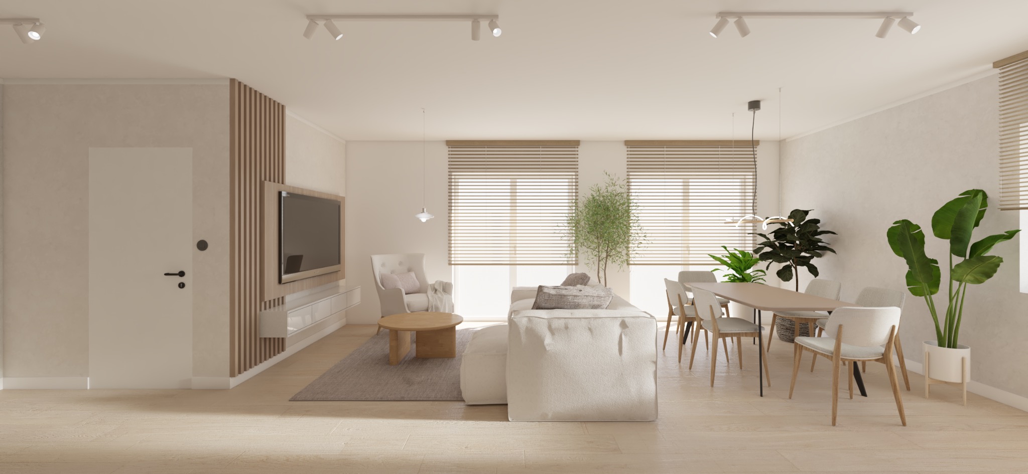 Jasne, przestronne wnętrze z drewnianą podłogą, sofą z miękkimi poduchami, stołem jadalnym z krzesłami, telewizorem na ścianie z drewnianymi lamelami i roślinami doniczkowymi.