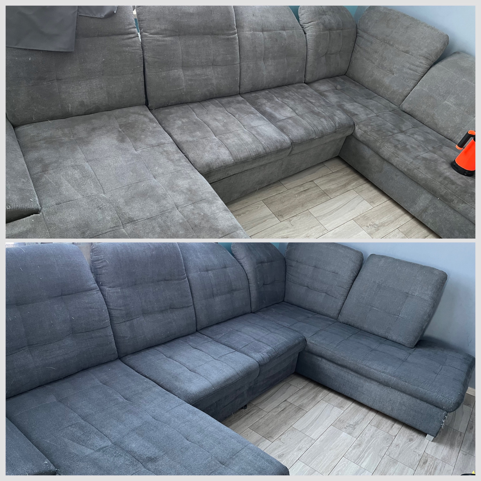 Dwuczęściowe ujęcie narożnika tapicerowanego przed i po czyszczeniu, ukazujące wyraźną różnicę w odcieniu szarości i usunięciu zabrudzeń.